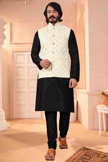 Black Colour Kurta Pajama With Jacket In Art Silk KP1210366