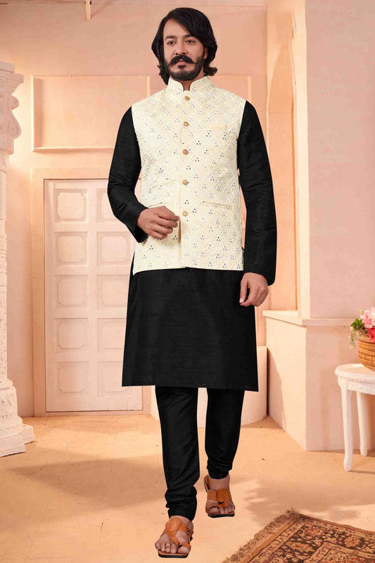 Black Colour Kurta Pajama With Jacket In Art Silk KP1210366
