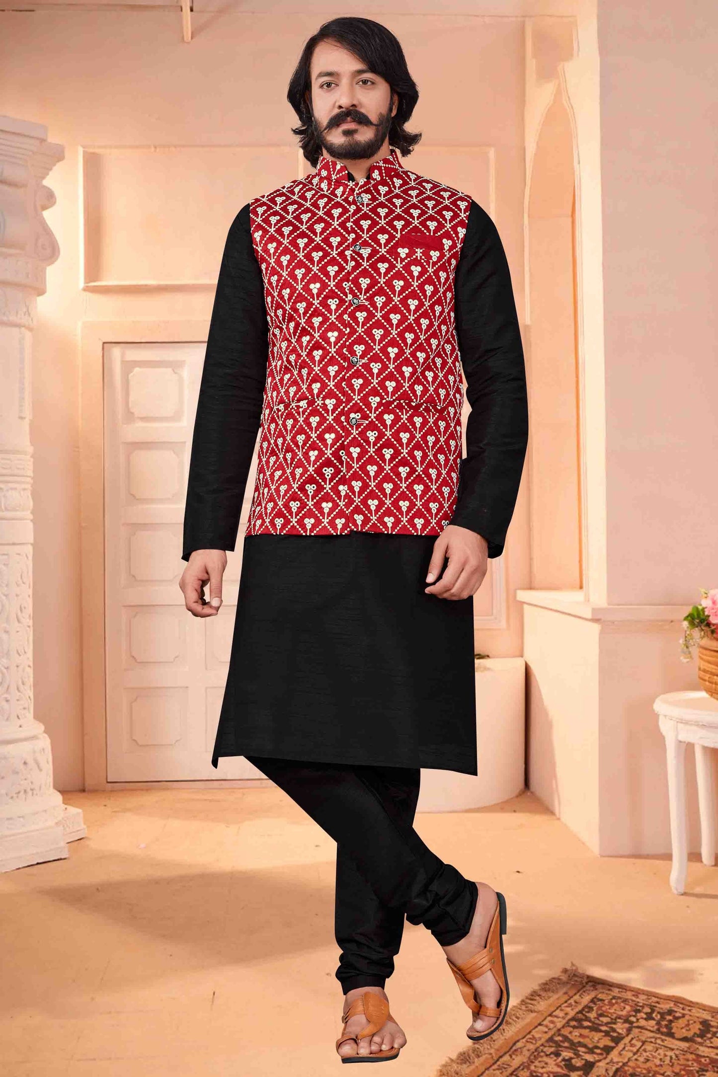 Black Colour Kurta Pajama With Jacket In Art Silk KP1210367