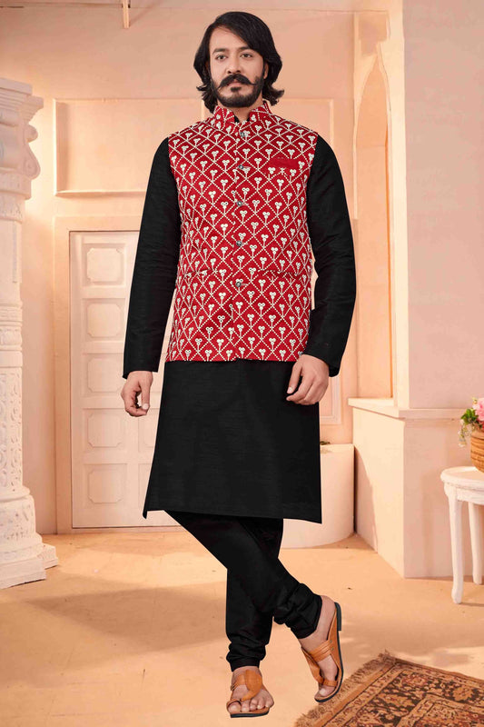 Black Colour Kurta Pajama With Jacket In Art Silk KP1210367