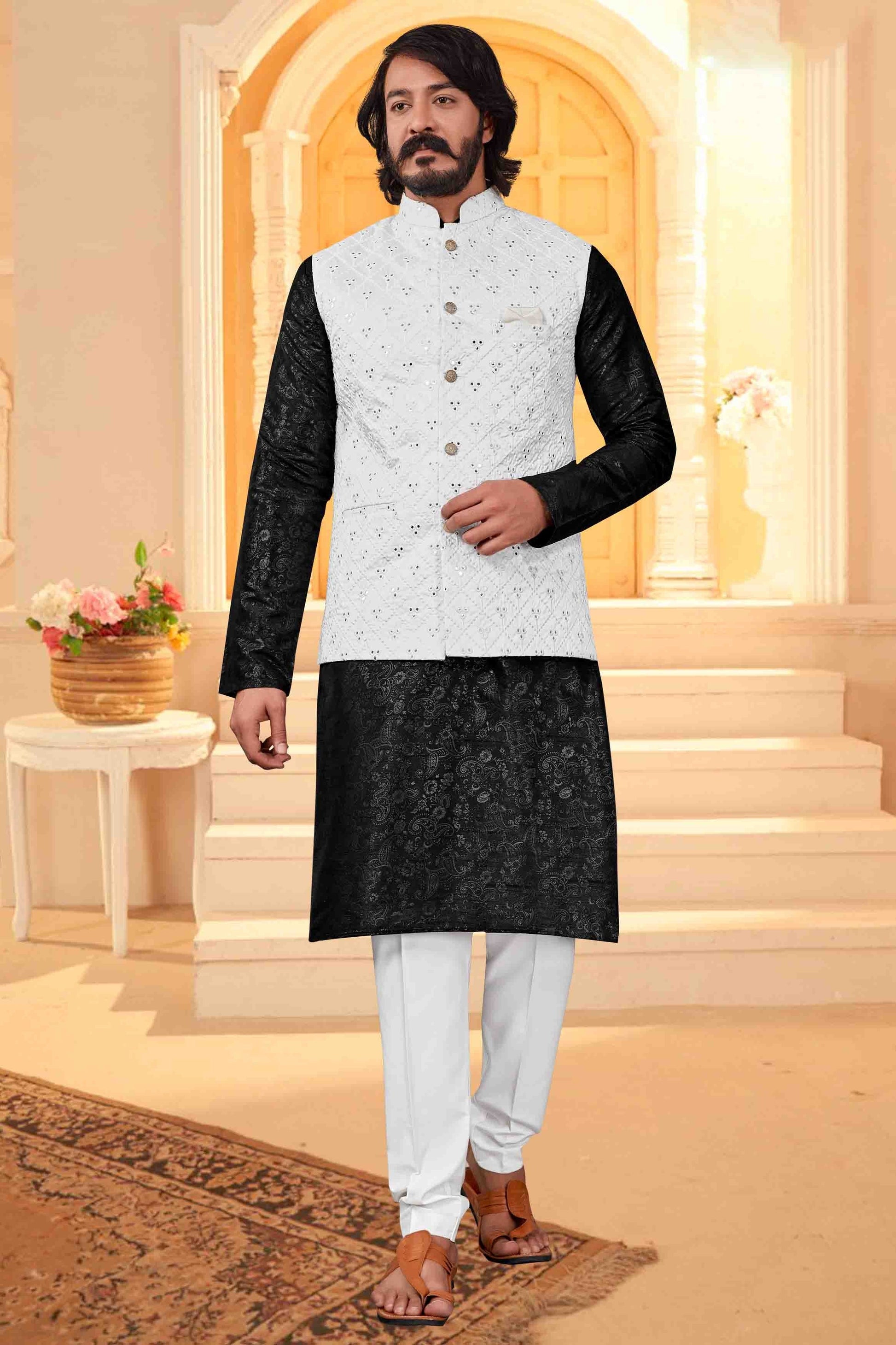 Black Colour Kurta Pajama With Jacket In Art Silk KP1210374