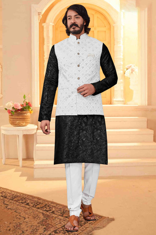 Black Colour Kurta Pajama With Jacket In Art Silk KP1210374