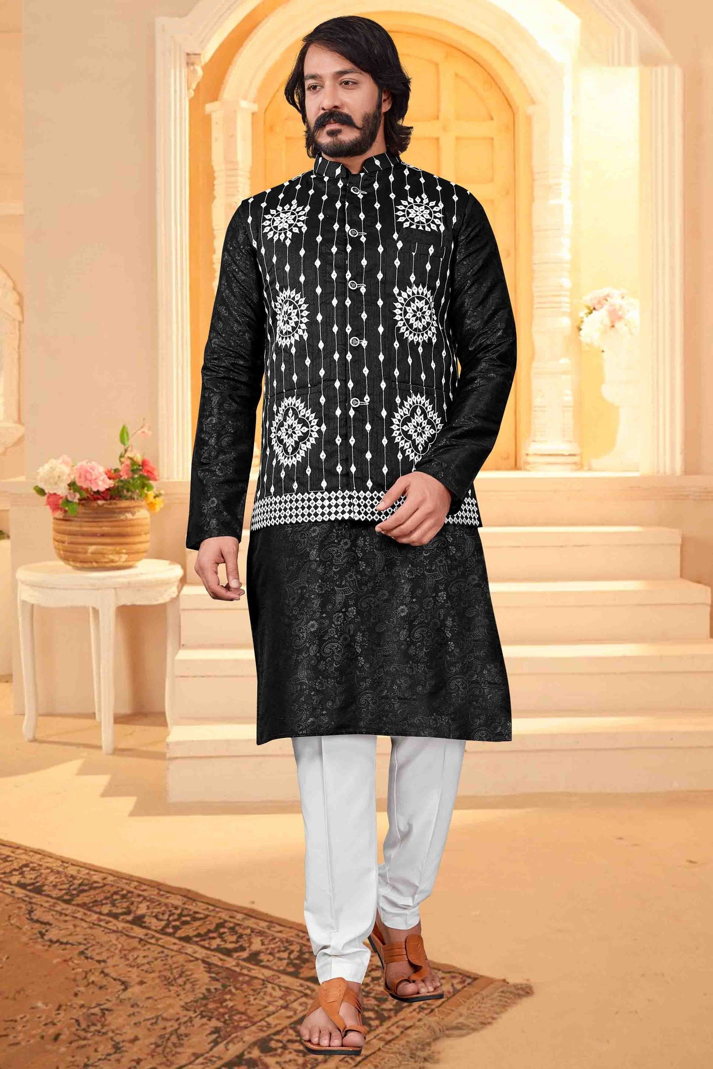 Black Colour Kurta Pajama With Jacket In Art Silk KP1210376