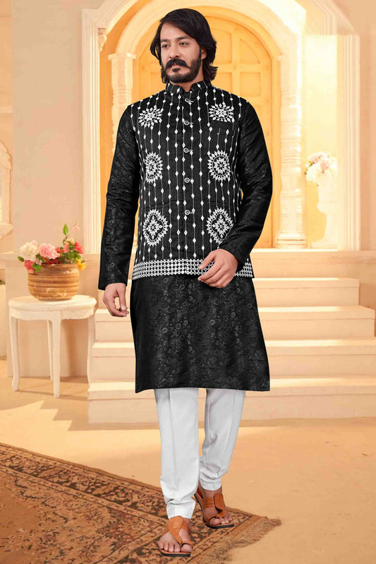 Black Colour Kurta Pajama With Jacket In Art Silk KP1210376