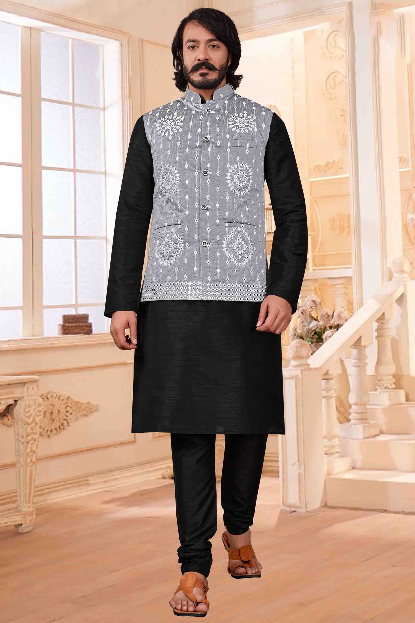 Black Colour Kurta Pajama With Jacket In Art Silk KP1210377