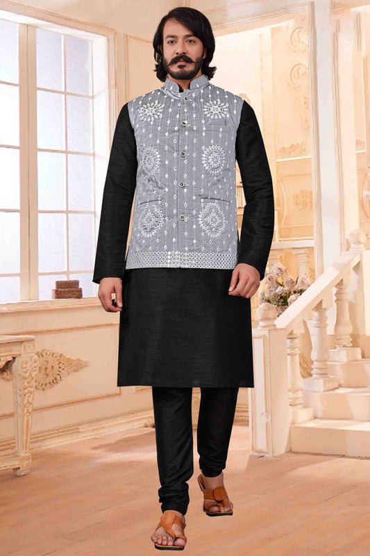Black Colour Kurta Pajama With Jacket In Art Silk KP1210377