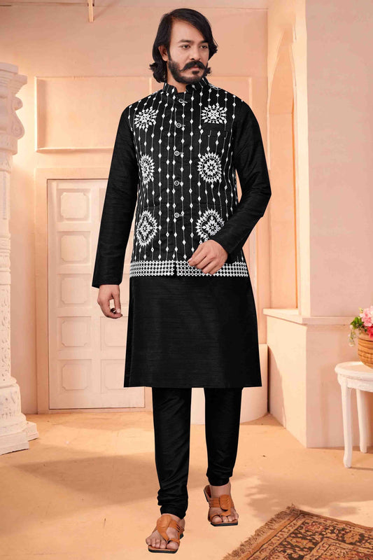 Black Colour Kurta Pajama With Jacket In Art Silk KP1210379