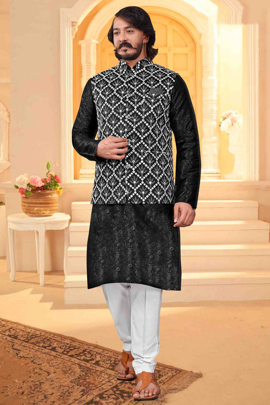 Black Colour Kurta Pajama With Jacket In Art Silk KP1210385