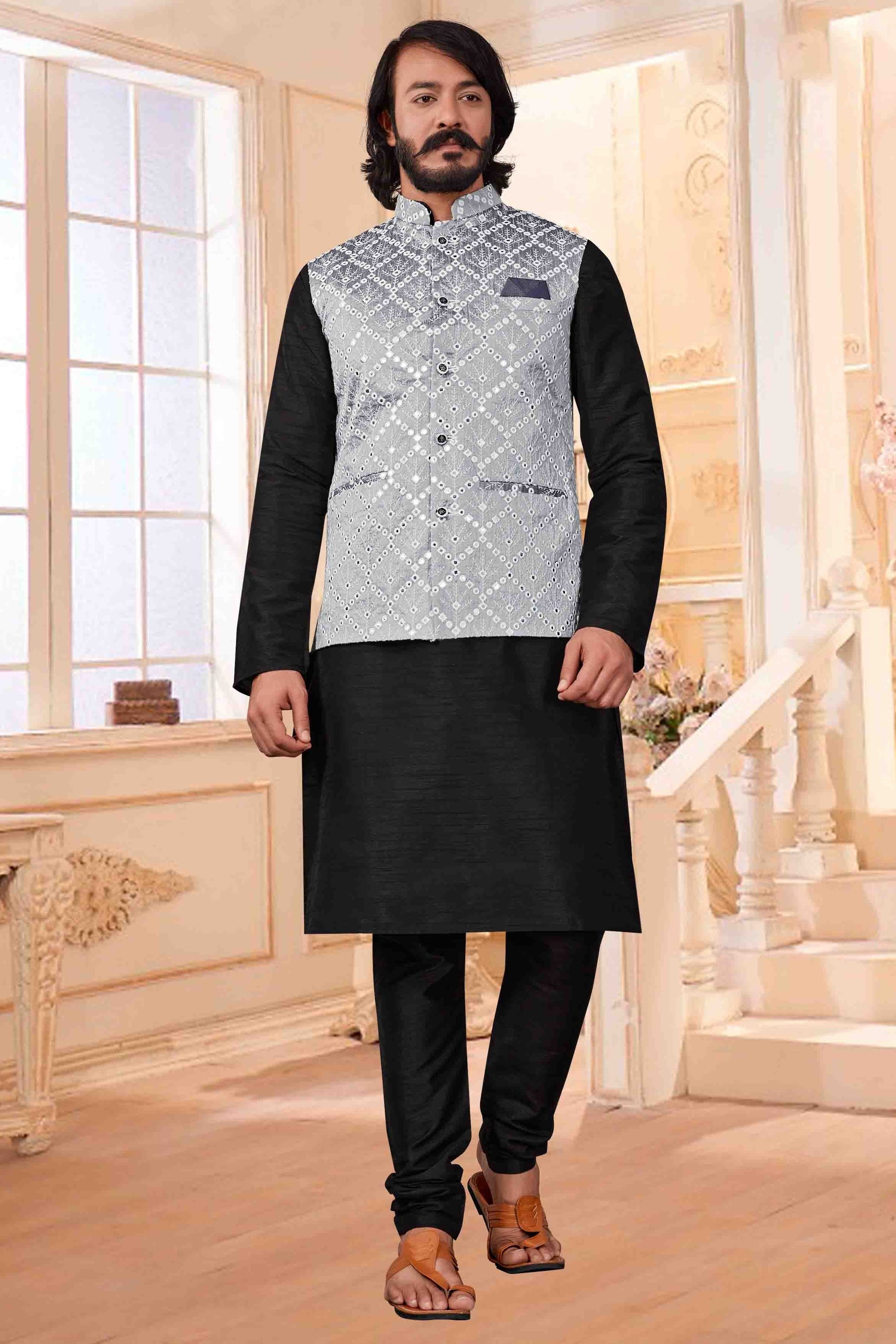 Black Colour Kurta Pajama With Jacket In Art Silk KP1210386