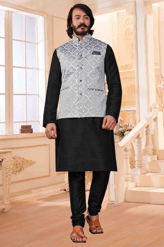 Black Colour Kurta Pajama With Jacket In Art Silk KP1210386