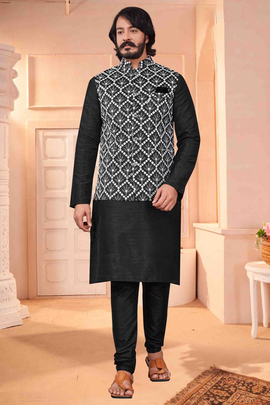 Black Colour Kurta Pajama With Jacket In Art Silk KP1210389