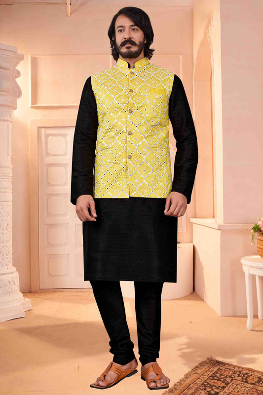 Black Colour Kurta Pajama With Jacket In Art Silk KP1210390