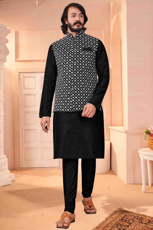 Black Colour Kurta Pajama With Jacket In Art Silk KP1210399