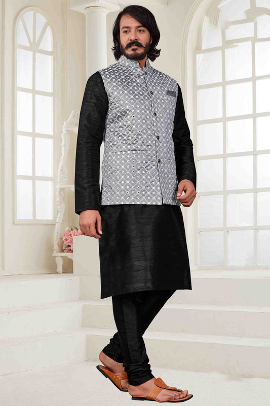 Black Colour Kurta Pajama With Jacket In Art Silk KP1210404