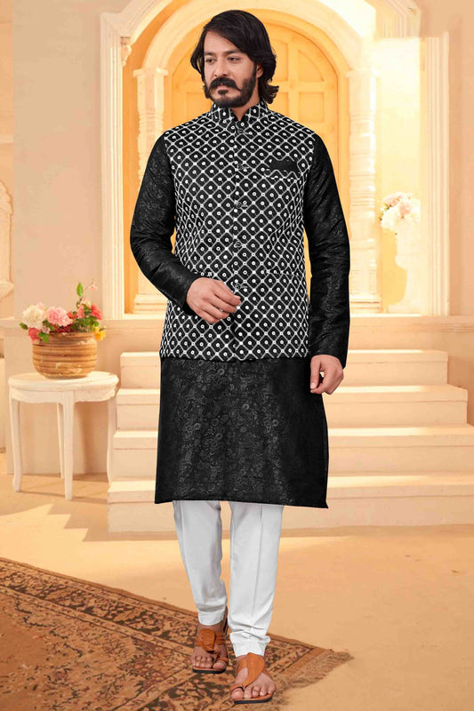 Black Colour Kurta Pajama With Jacket In Art Silk KP1210406