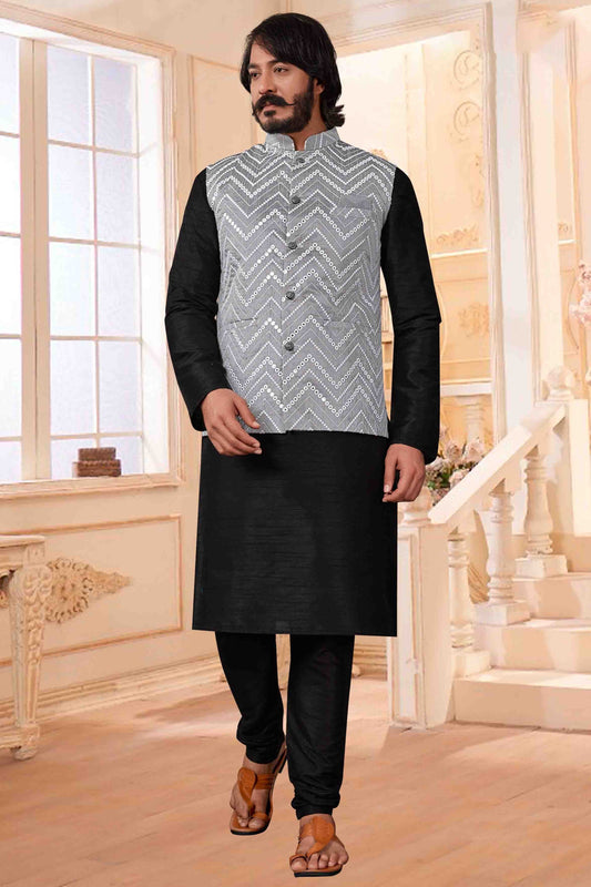Black Colour Kurta Pajama With Jacket In Art Silk KP1210407