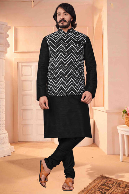 Black Colour Kurta Pajama With Jacket In Art Silk KP1210410