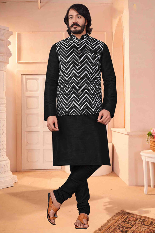 Black Colour Kurta Pajama With Jacket In Art Silk KP1210410