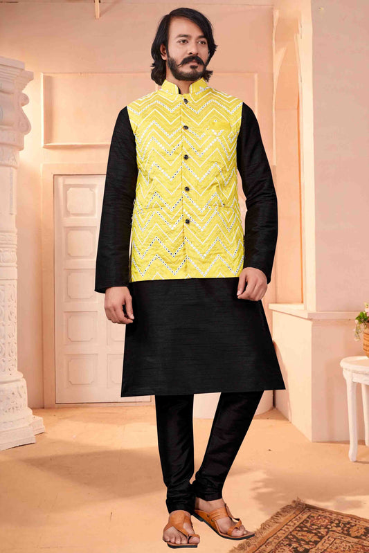 Black Colour Kurta Pajama With Jacket In Art Silk KP1210411