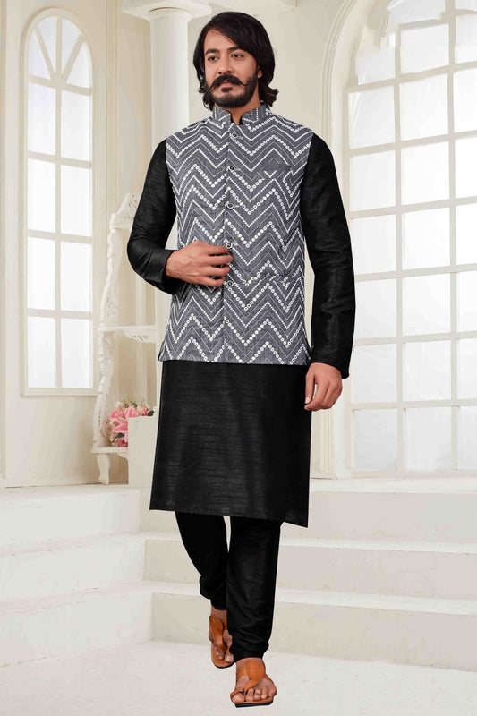 Black Colour Kurta Pajama With Jacket In Art Silk KP1210413