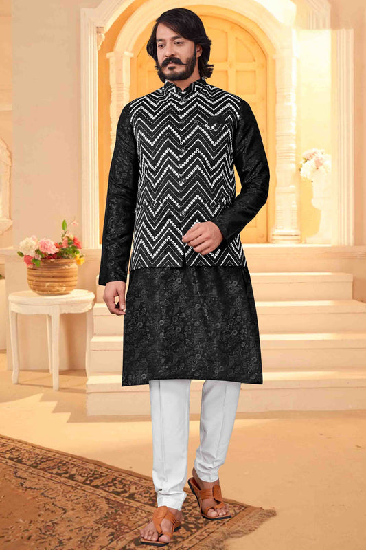 Black Colour Kurta Pajama With Jacket In Art Silk KP1210417