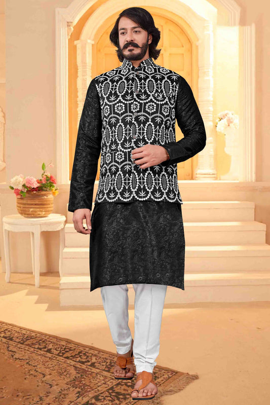 Black Colour Kurta Pajama With Jacket In Art Silk KP1210422