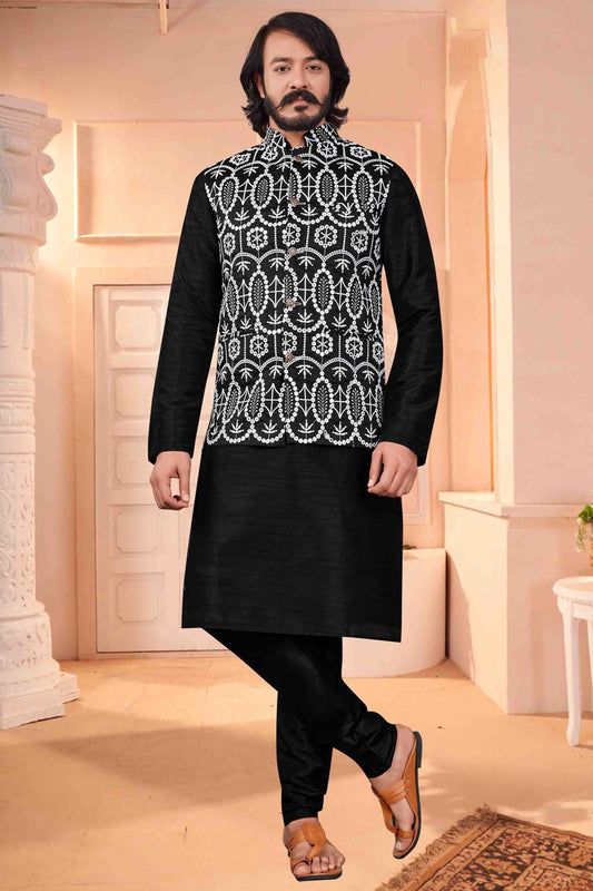 Black Colour Kurta Pajama With Jacket In Art Silk KP1210425