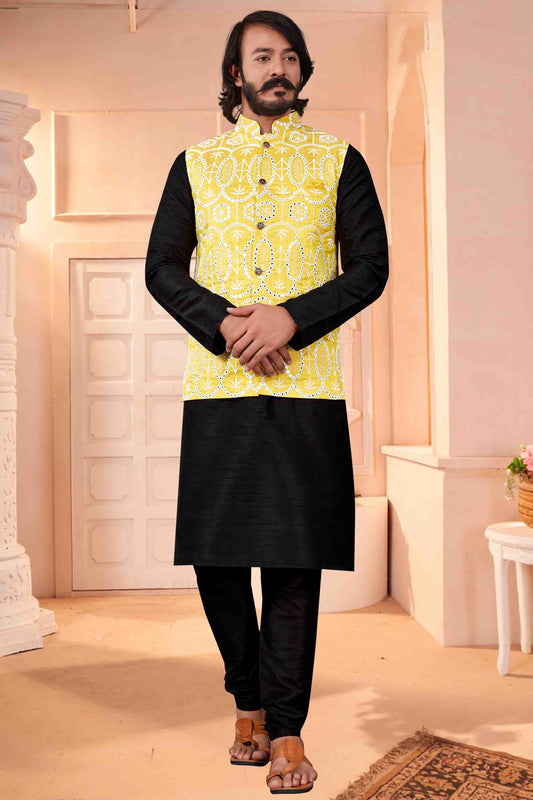 Black Colour Kurta Pajama With Jacket In Art Silk KP1210426