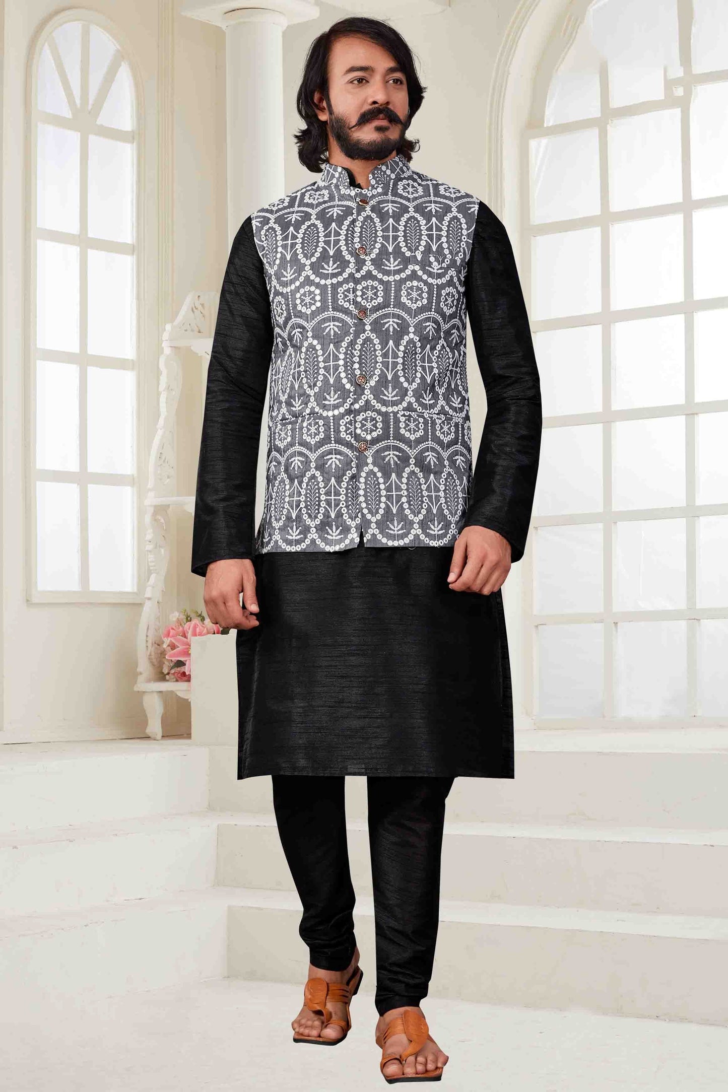Black Colour Kurta Pajama With Jacket In Art Silk KP1210429