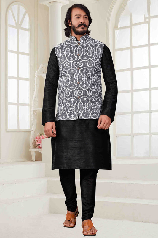 Black Colour Kurta Pajama With Jacket In Art Silk KP1210429