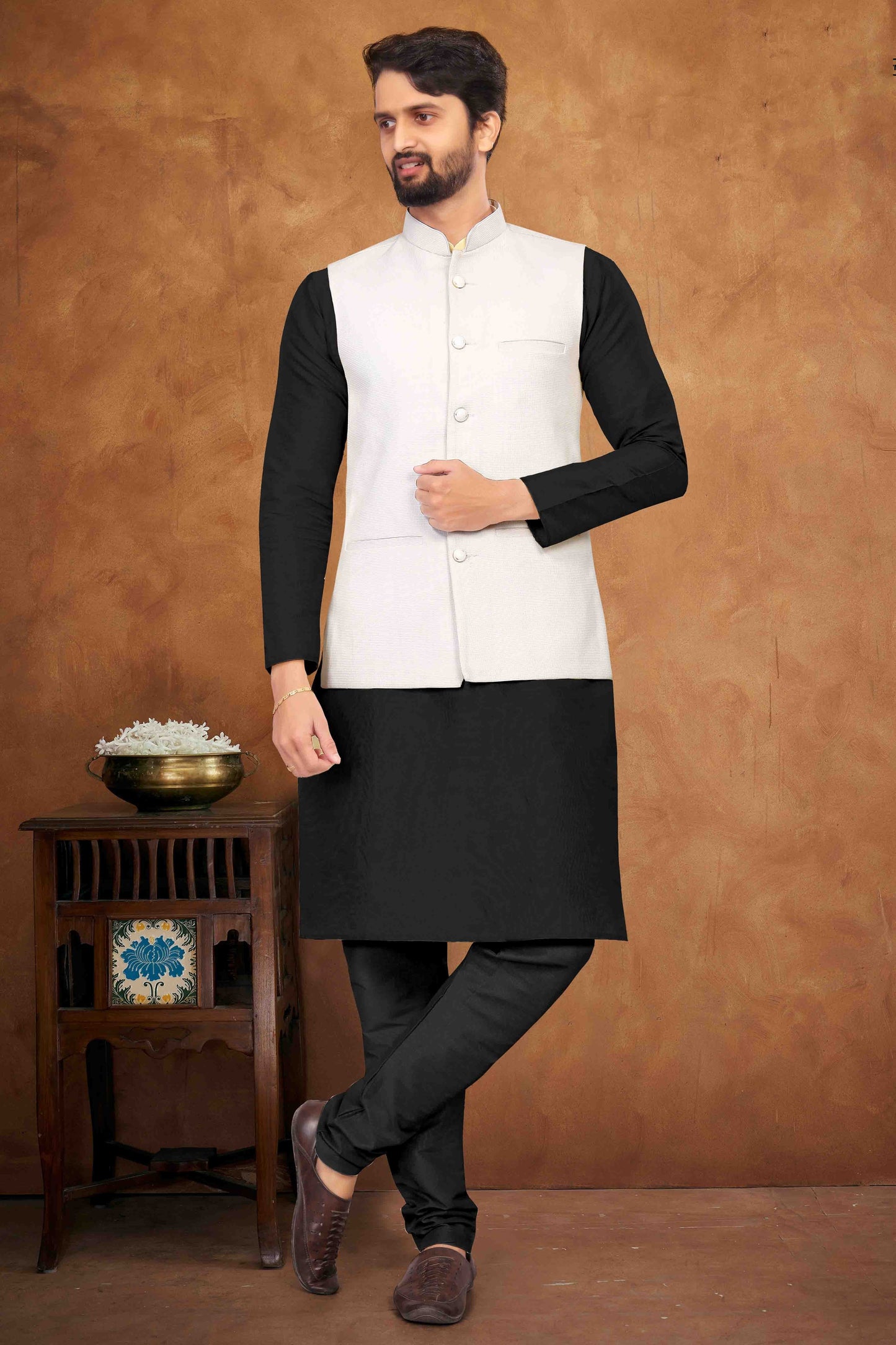Black Colour Kurta Pajama With Jacket In Silk KP1210464 A