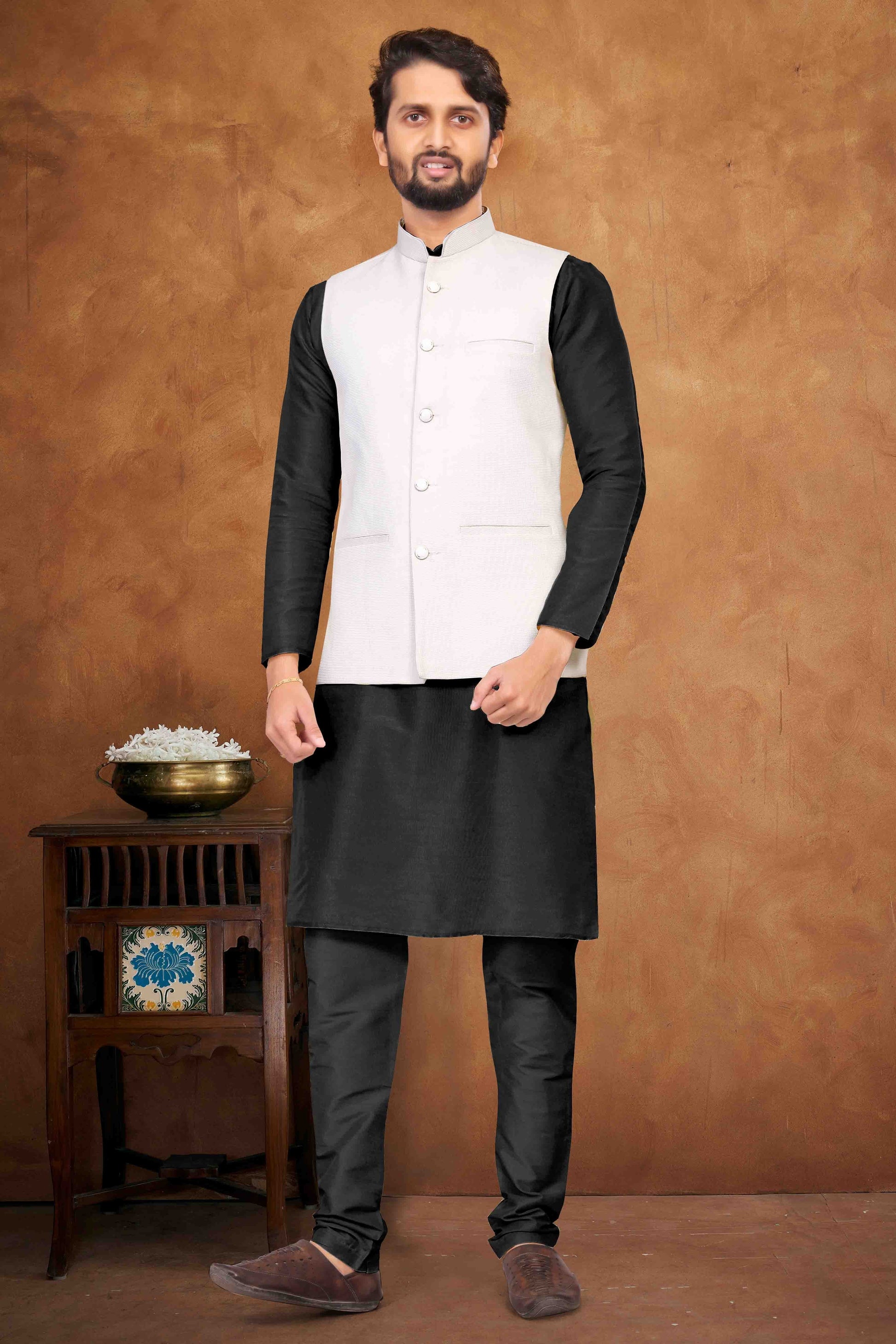 Black Colour Kurta Pajama With Jacket In Silk KP1210464