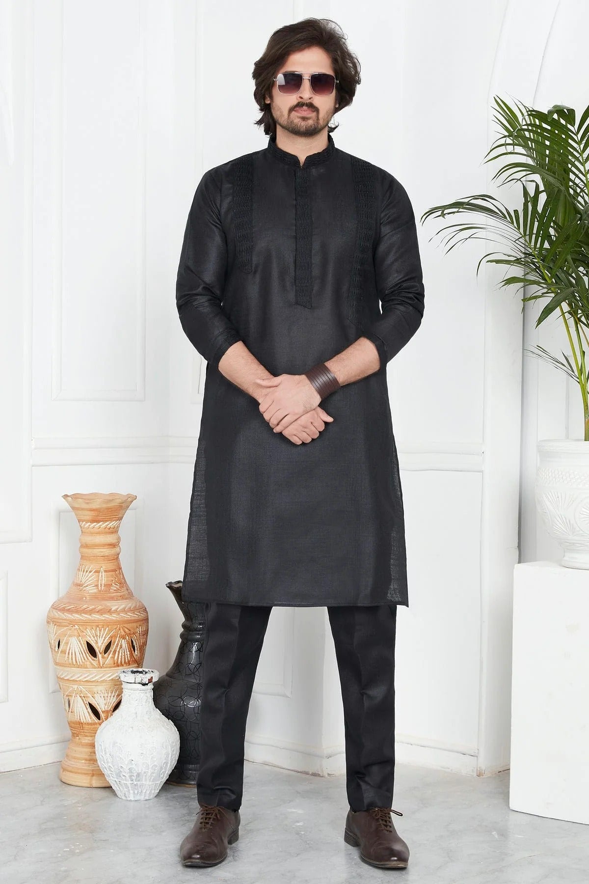 Black Colour Linen Cotton Pintex Work Kurta Pajama KP1230126 A