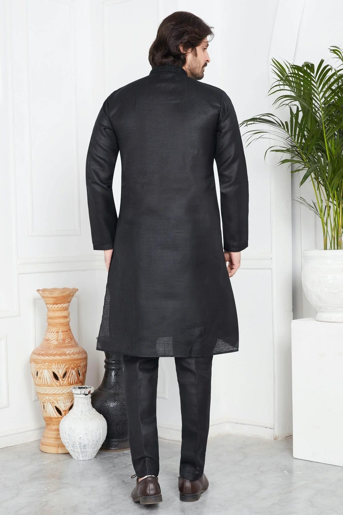 Black Colour Linen Cotton Pintex Work Kurta Pajama KP1230126 B
