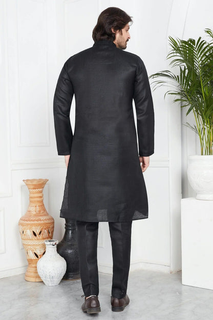 Black Colour Linen Cotton Pintex Work Kurta Pajama KP1230126 B