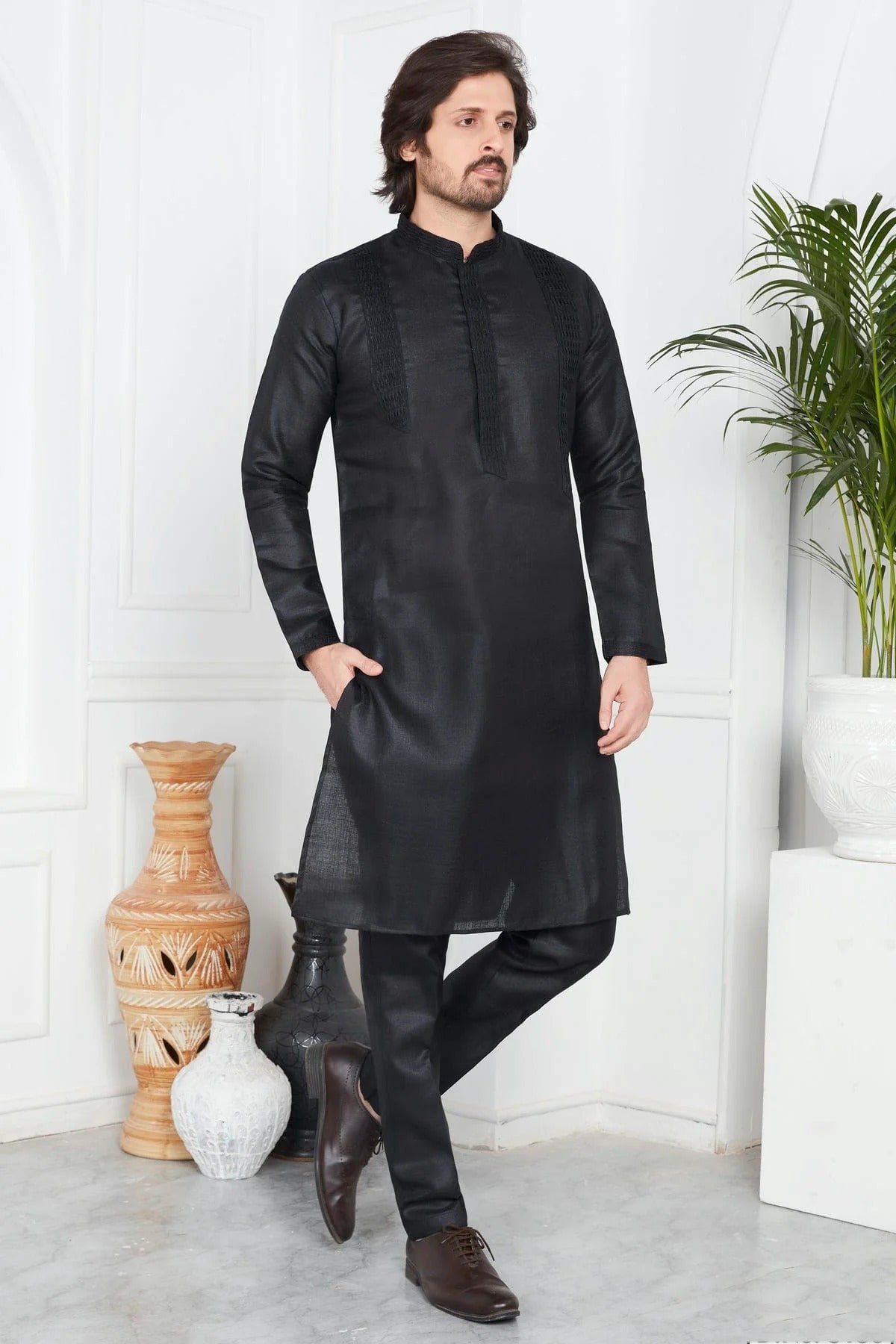 Black Colour Linen Cotton Pintex Work Kurta Pajama KP1230126