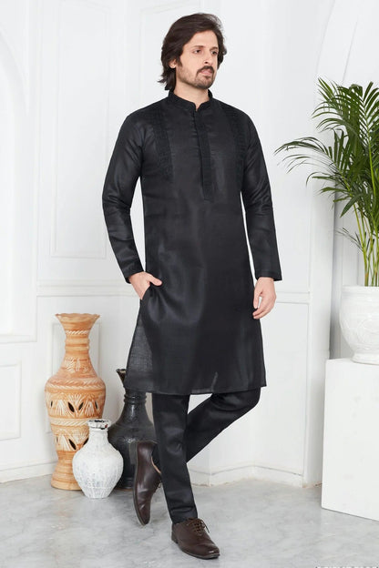 Black Colour Linen Cotton Pintex Work Kurta Pajama KP1230126