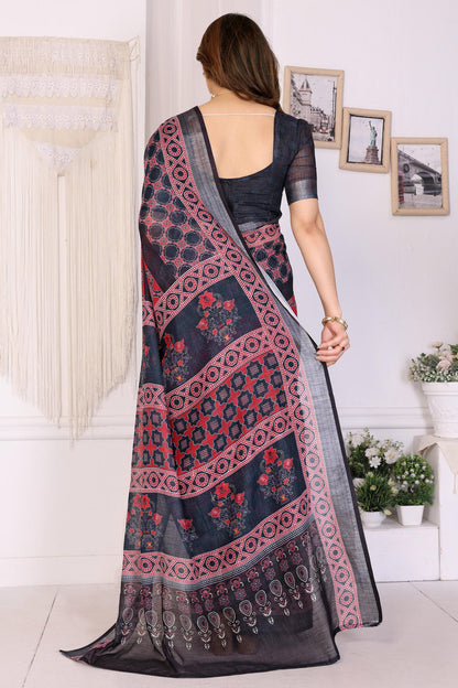 Black Colour Linen Cotton Printed Saree