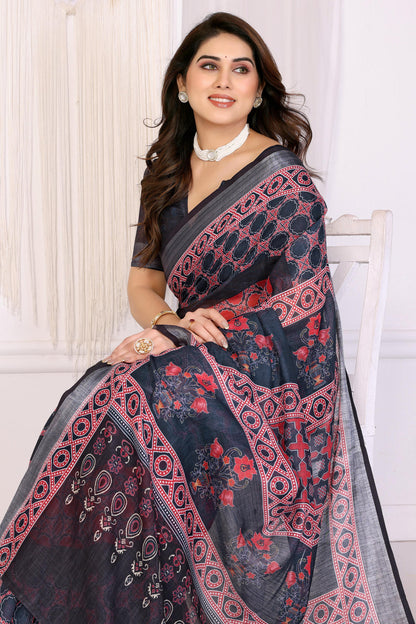 Black Colour Linen Cotton Printed Saree
