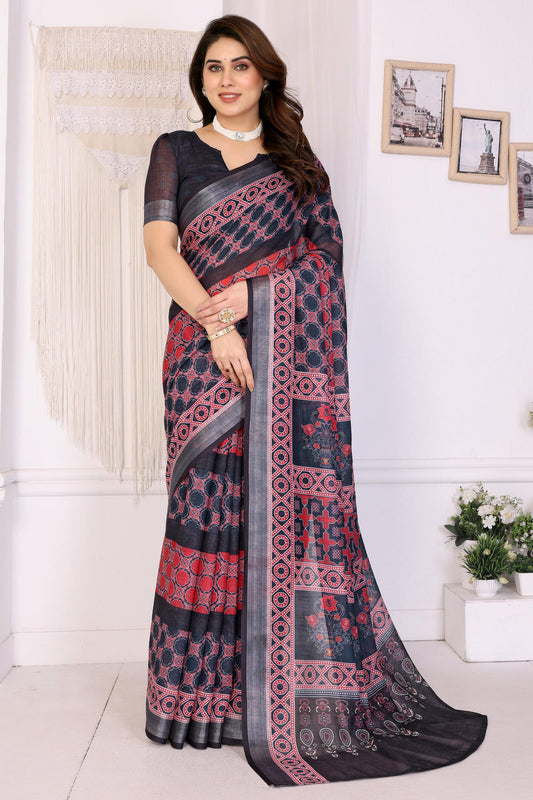 Black Colour Linen Cotton Printed Saree