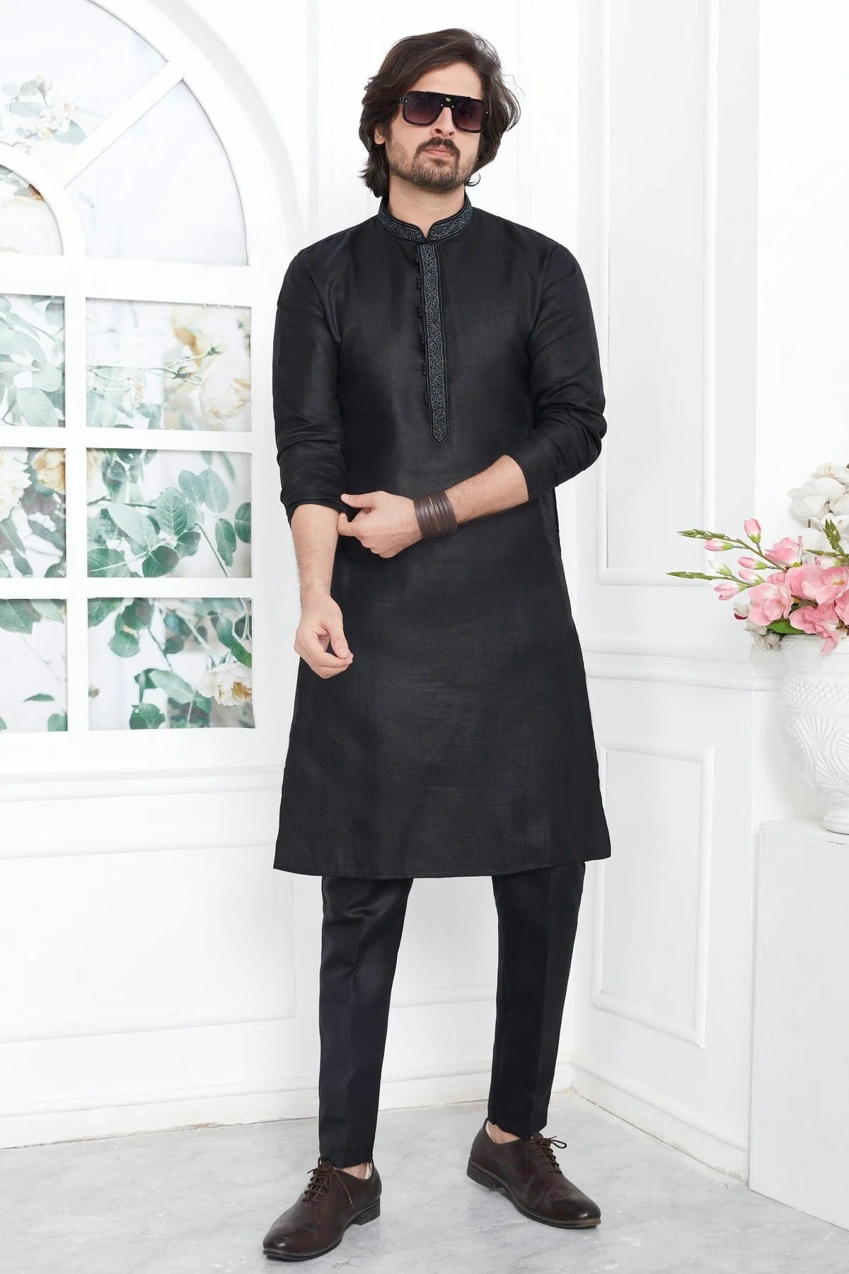 Black Colour Linen Cotton Thread Work Kurta Pajama KP1230140 A