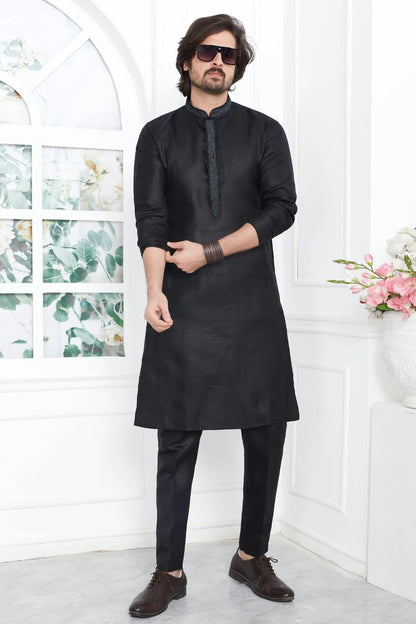 Black Colour Linen Cotton Thread Work Kurta Pajama KP1230140 A
