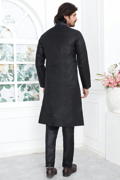 Black Colour Linen Cotton Thread Work Kurta Pajama KP1230140 B