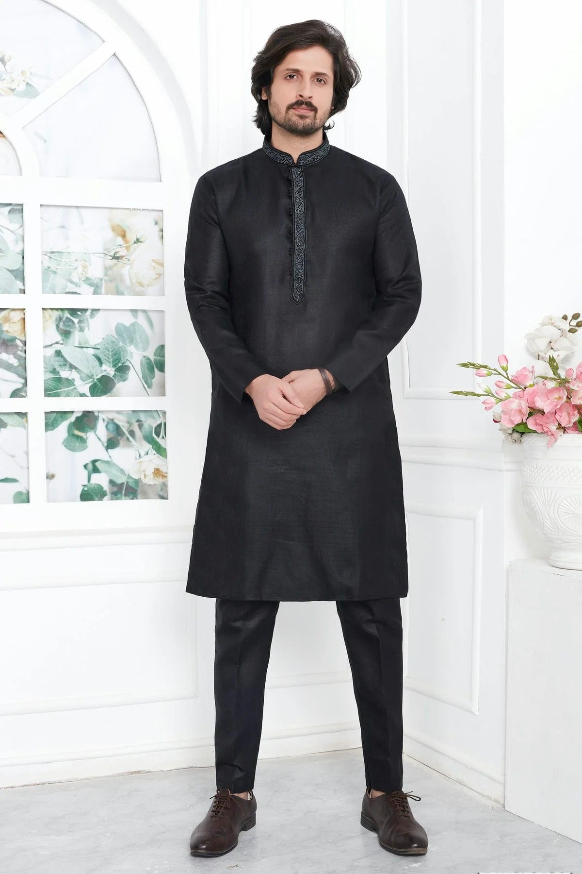 Black Colour Linen Cotton Thread Work Kurta Pajama KP1230140