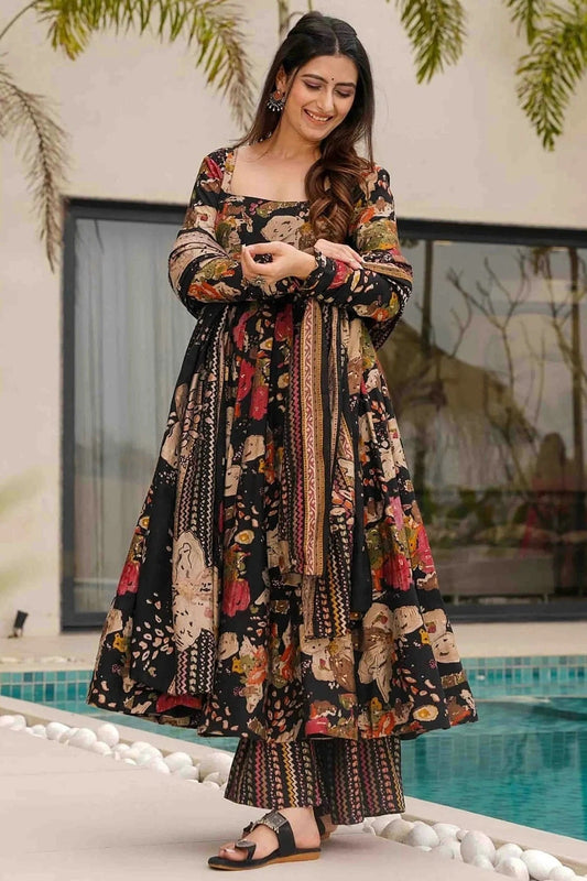 Black Colour Mal Cotton Stitched Anarkali Suit SS1113920