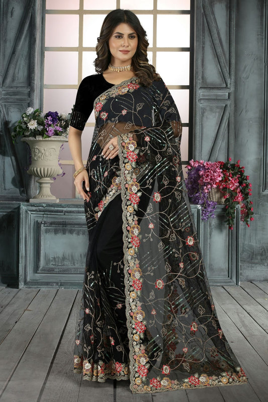 Black Colour Net Designer Saree LC1121405