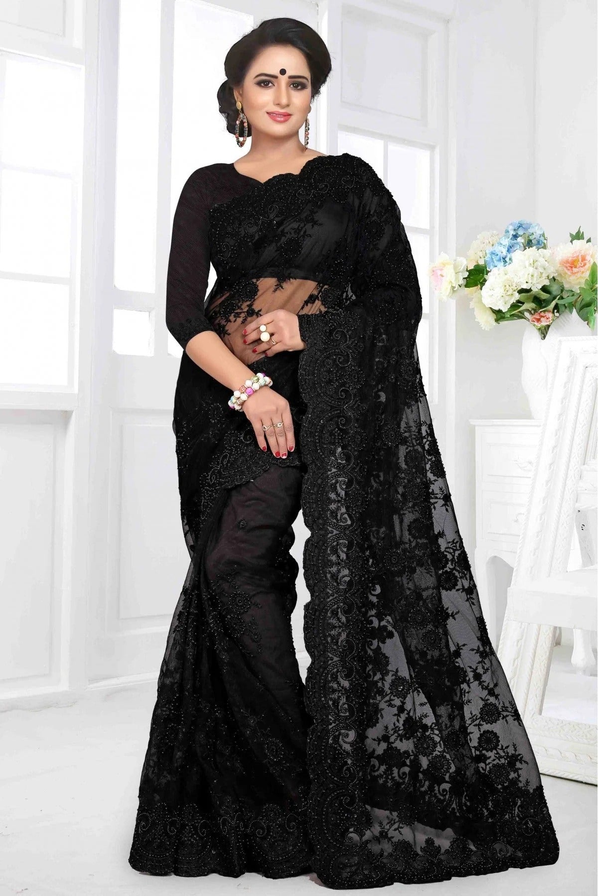 Black Colour Net Designer Saree SD1090020