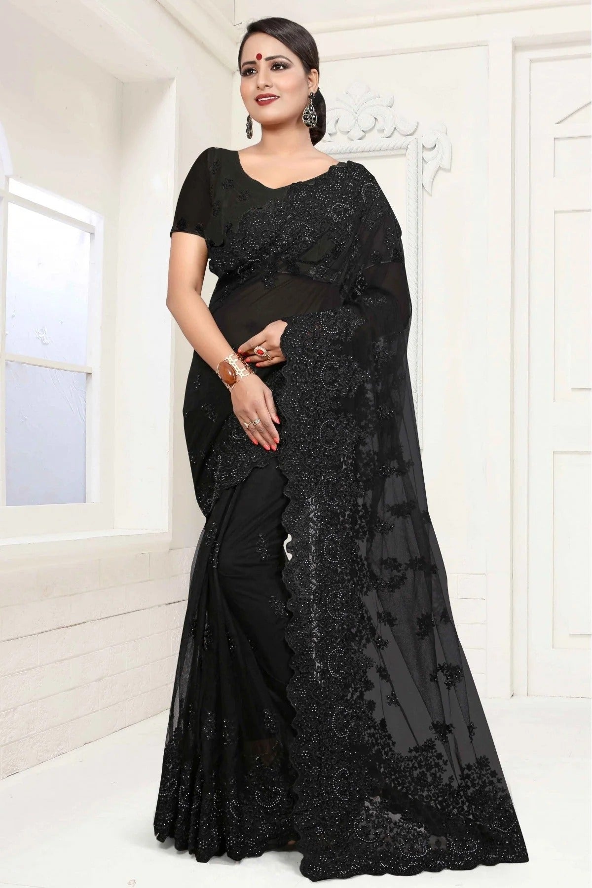 Black Colour Net Designer Saree SD1090042