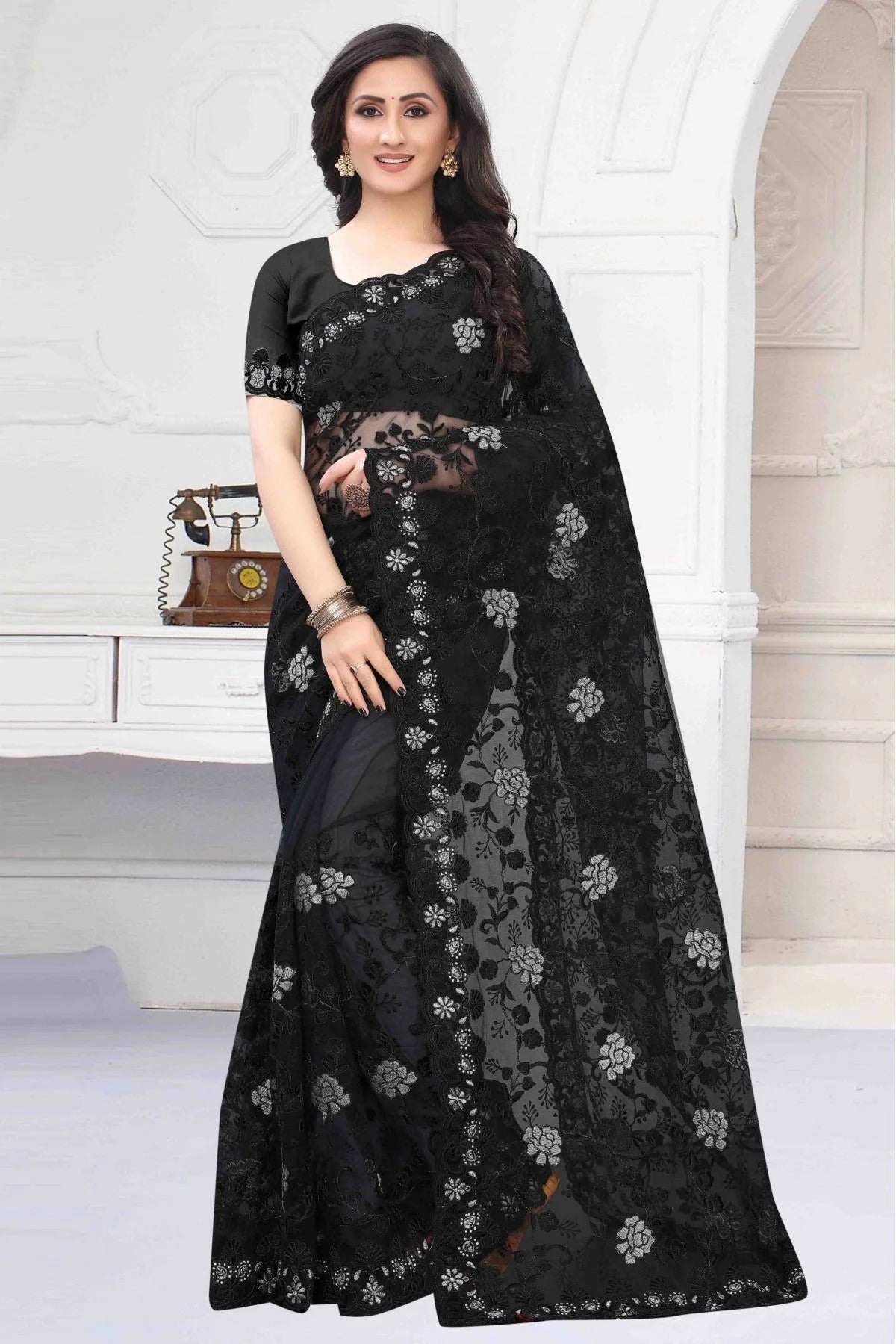 Black Colour Net Designer Saree SD1090155