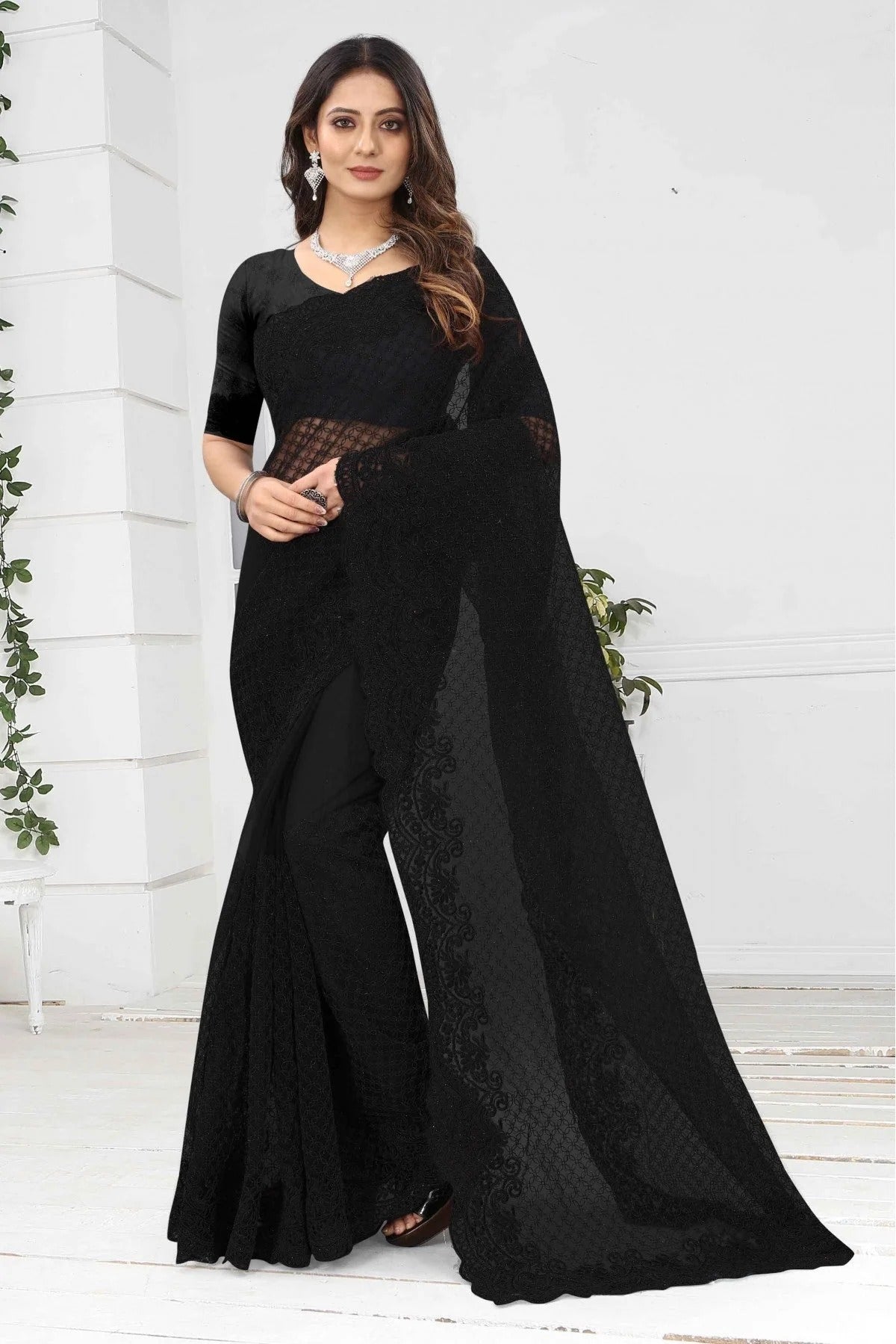 Black Colour Net Designer Saree SD1090234